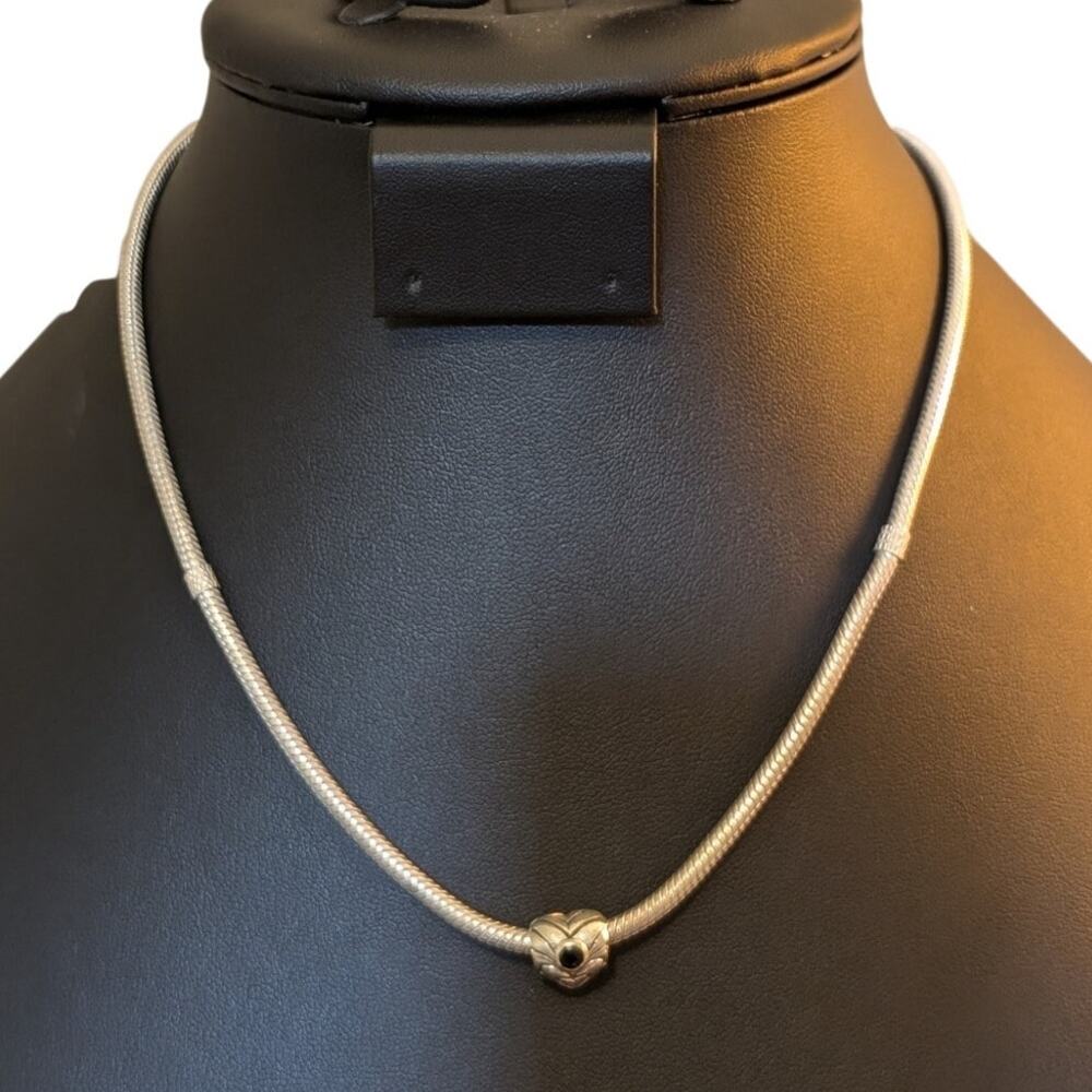 925 Sterling 16.5" Snake Chain Black Spinel Heart Sliding Charm 16.5" Necklace